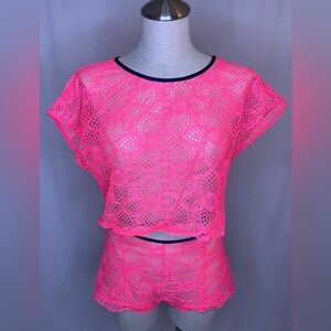 Victoria’s Secret Neon Pink Lace Crop Top and Shorts lace lingerie set open back